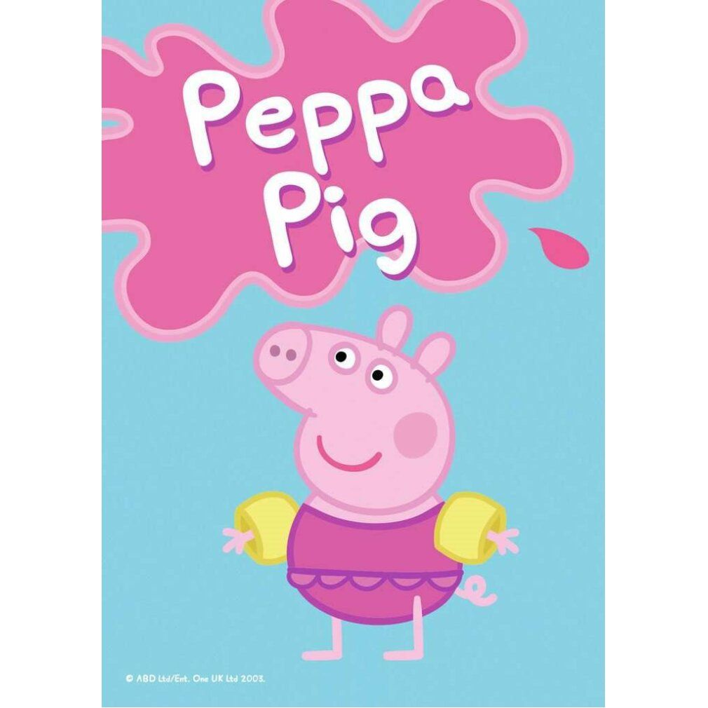 Puzzle con Peppa Pig. Sfondo blu con schizzo rosa. Testo: Peppa Pig.