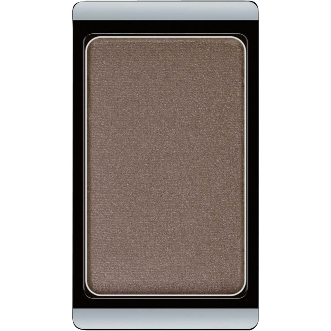 Ombretto opaco, rettangolare. Colore marrone grigio in un contenitore nero e argento.