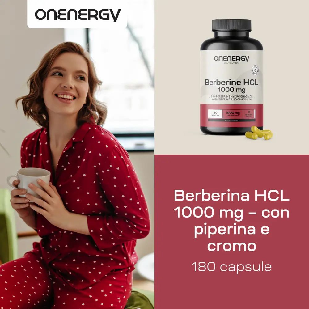 Donna con tazza. Flacone Berberina HCL 1000 mg. Testo: Berberina HCL 1000 mg – con piperina e cromo.