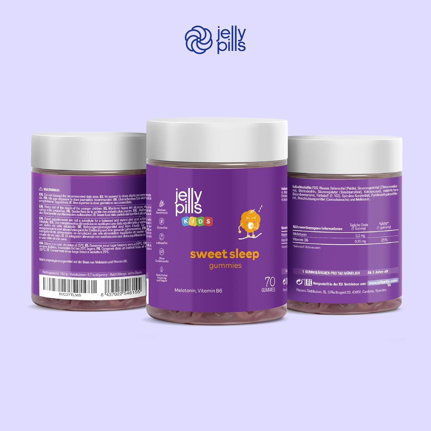 Tre barattoli viola con coperchi bianchi. Scritta: Jelly Pills Kids Sweet Sleep Gummies. 70 caramelle gommose. Codice a barre.