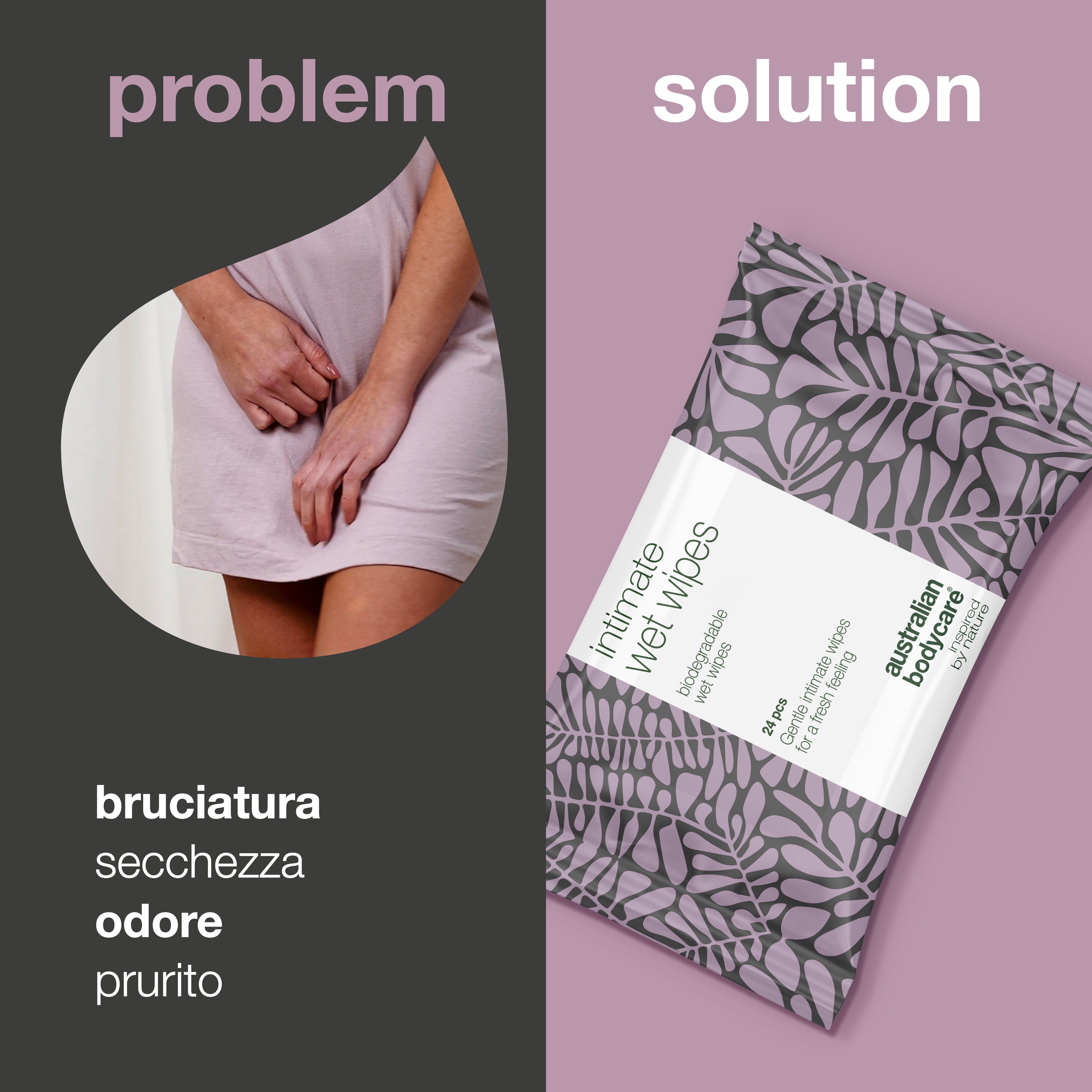 Problema: donna con zona intima. Soluzione: confezione salviette intime. Testo: bruciore, secchezza, odore, prurito.