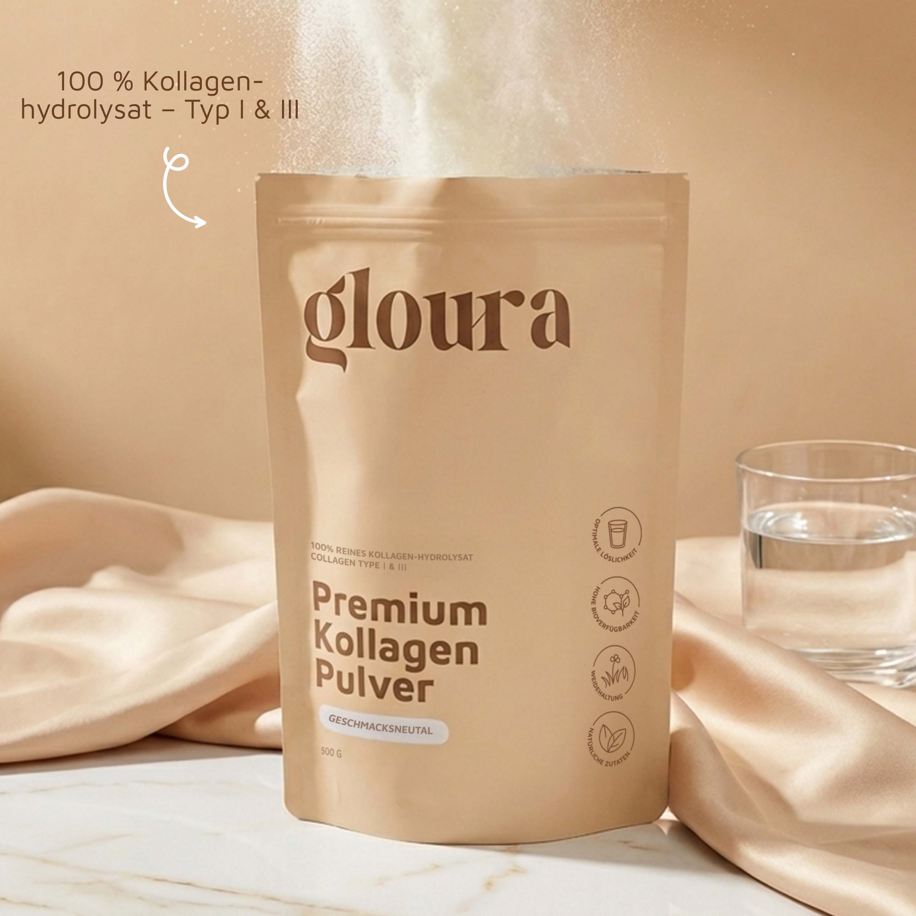 Sacchetto di polvere di collagene Gloura Premium. Testo: 100% idrolizzato di collagene tipo I & III. Bicchiere d'acqua.