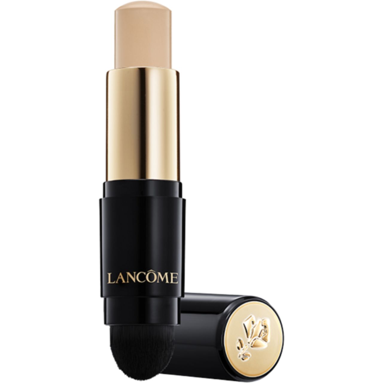 Stick cosmetico nero e dorato. Scritta: Lancôme. Con applicatore a spugna e punta beige.