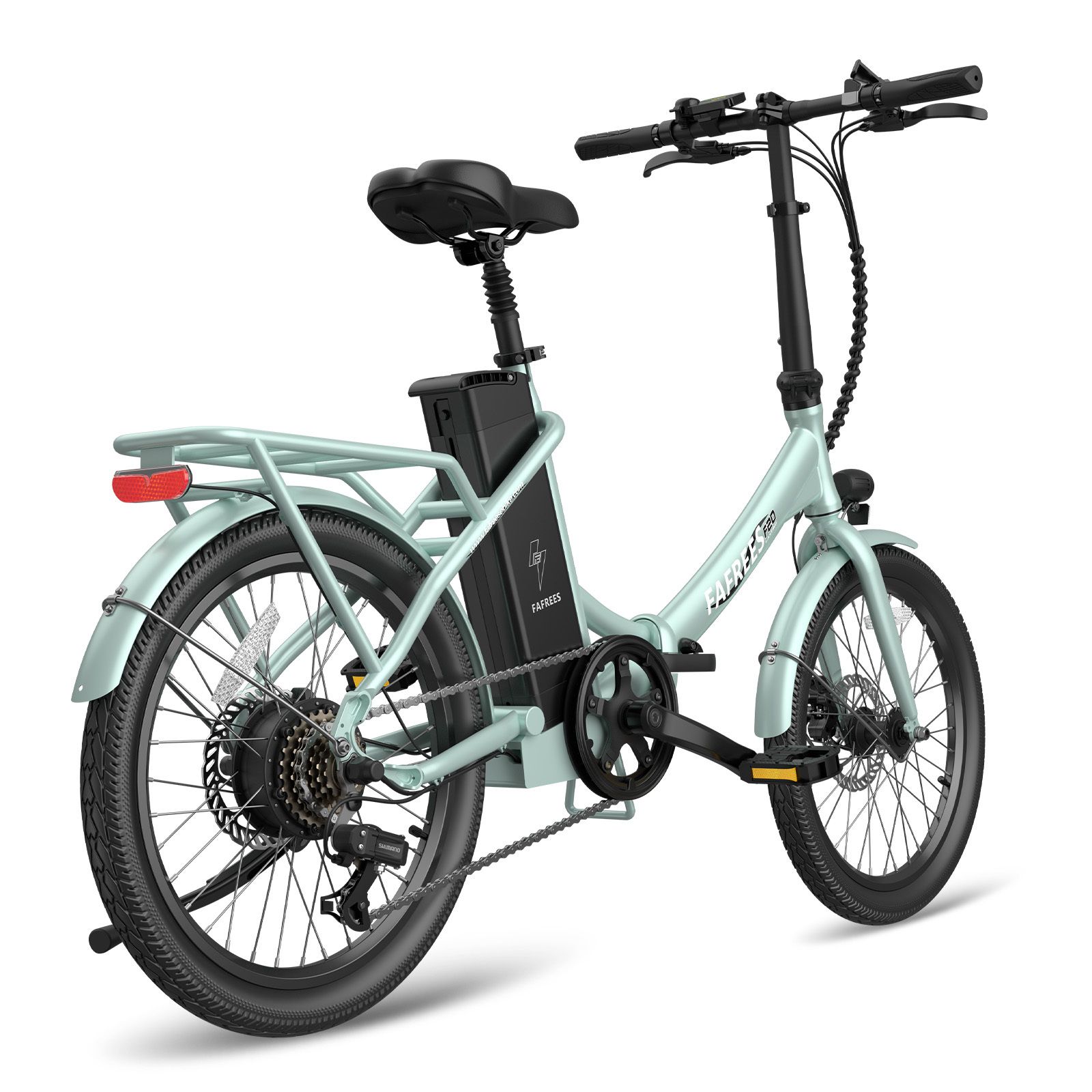 E-bike Fafrees F20 verde chiaro. Pneumatici, sella e manubrio neri. Batteria sul telaio. Portapacchi posteriore.