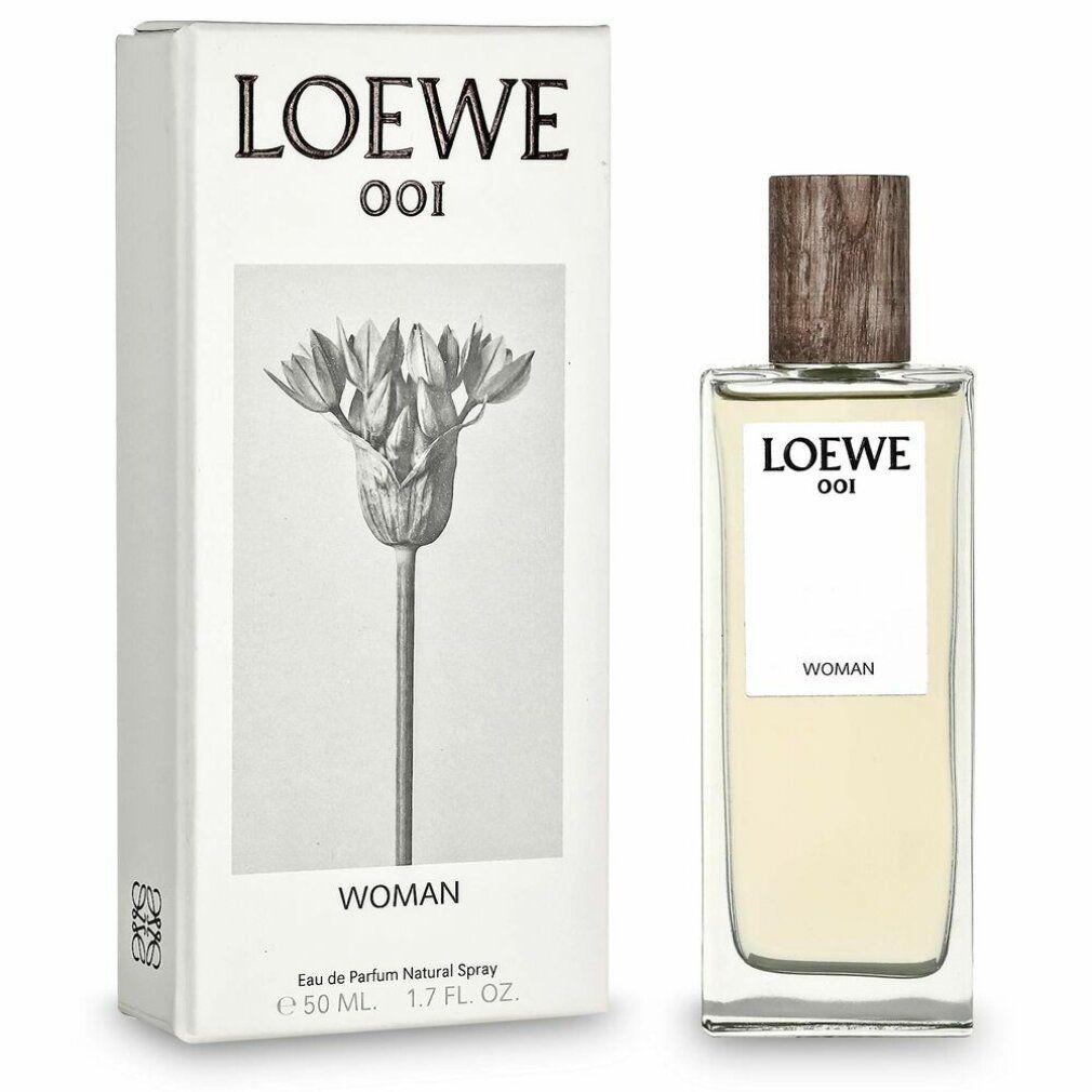 Loewe 001 Woman Edp Spray e confezione. Flacone e scatola con motivo floreale. Scritta: LOEWE 001, WOMAN.