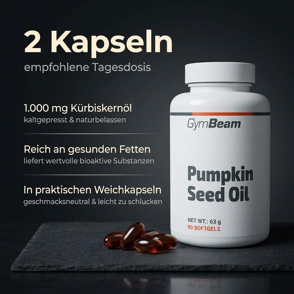 Olio di semi di zucca GymBeam: flacone da 90 softgel, 1000 mg di olio per 2 capsule.