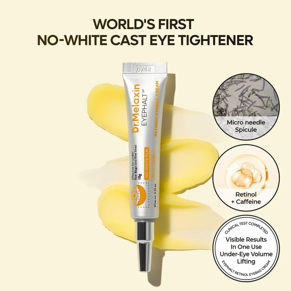 Tubo di crema contorno occhi Dr. Melaxin Retinol con infografiche sugli ingredienti.