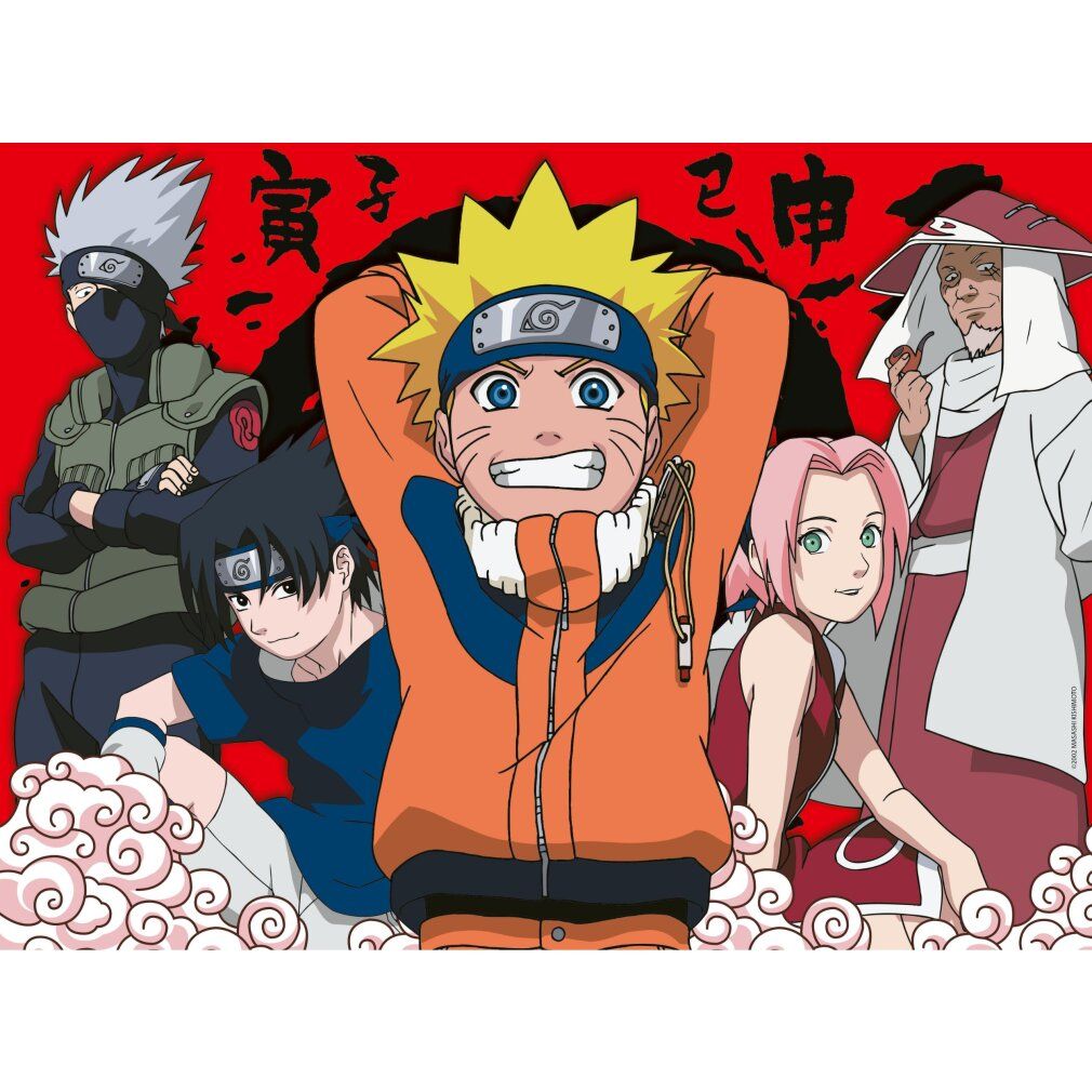 Puzzle con immagine di Naruto, 300 pezzi. Personaggi Naruto su sfondo rosso. Senza confezione.