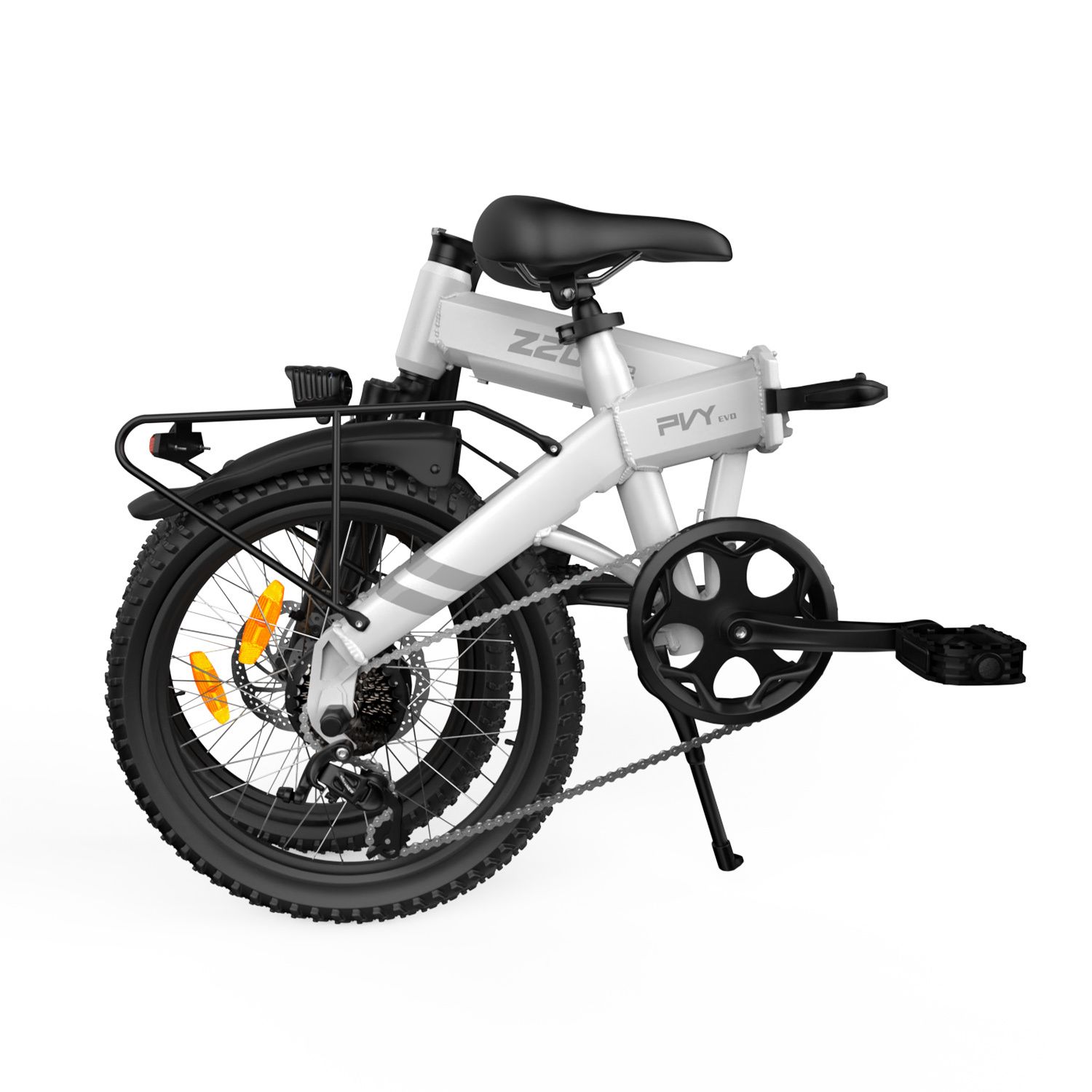 E-bike pieghevole, bianco e nero. Logo Z20, logo PVY, portapacchi, faro, parafanghi.