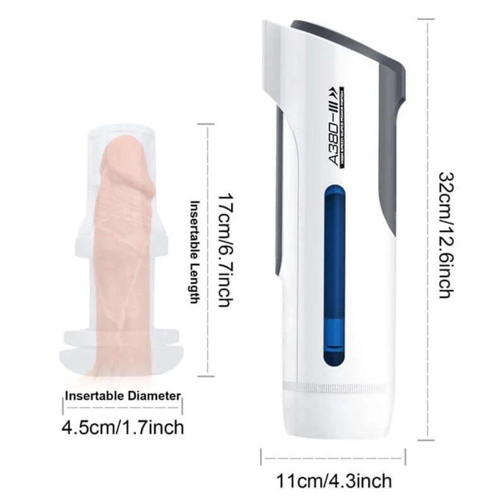 Dispositivo bianco con elementi grigi. Dimensioni: 32cm altezza, 11cm larghezza. Inserto separato. Testo: A380 PRO.