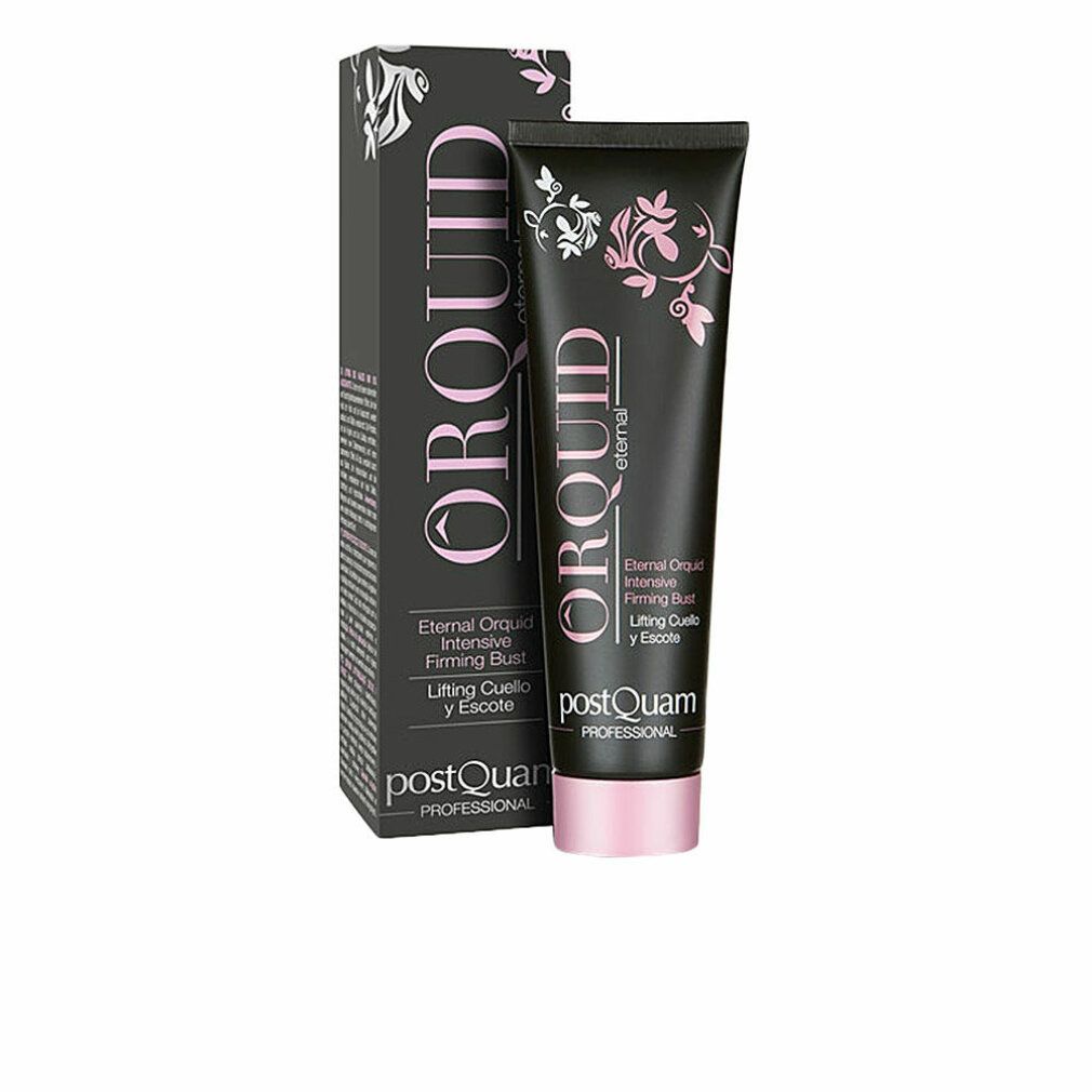 Tubo e scatola neri con nome del prodotto e design floreale. Testo: Eternal Orquid, Intensive Firming Bust, Lifting Cuello y Escote.