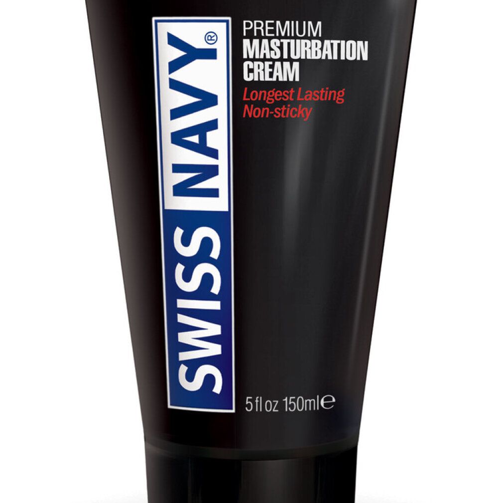 Primo piano di un tubo nero Swiss Navy Premium Masturbation Cream.