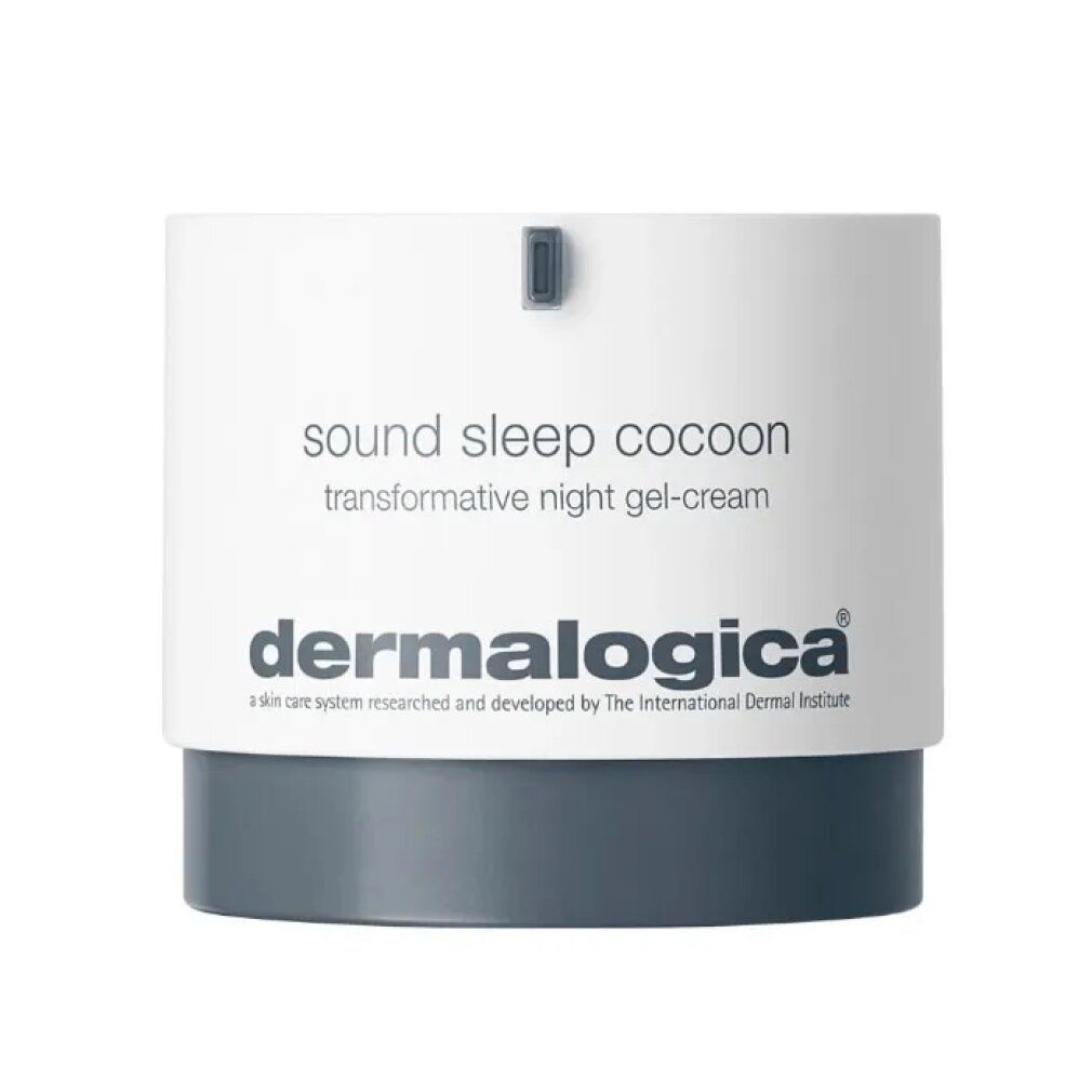 Barattolo cilindrico bianco e grigio. Scritta: sound sleep cocoon, Dermalogica.