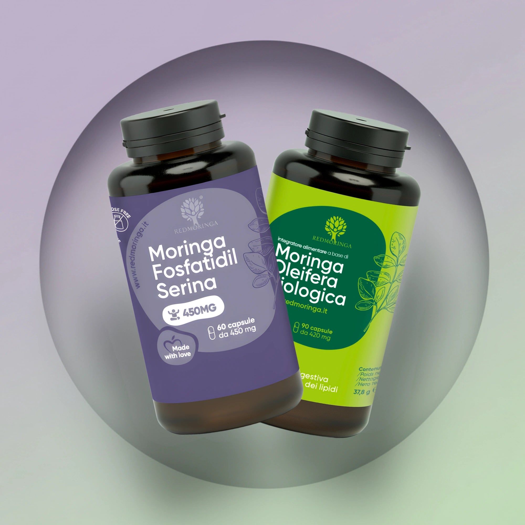 Due flaconi di capsule. Etichetta viola con Moringa Fosfatidil Serina, etichetta verde con Moringa Oleifera.