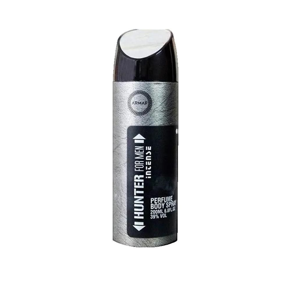 Flacone spray corpo. Argento, tappo nero. Testo: "Armaf Hunter for Men Intense".