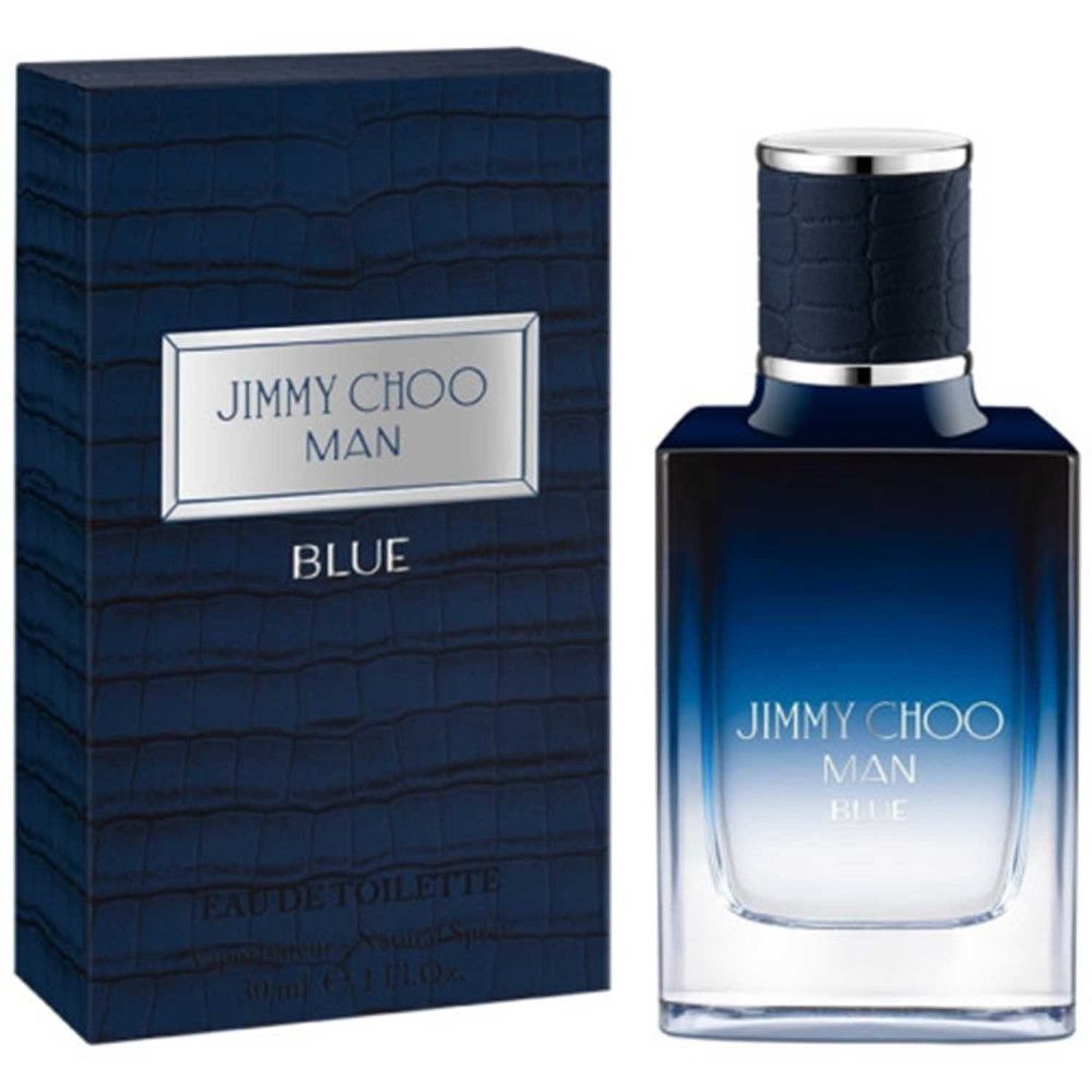 Eau de toilette blu con flacone e confezione rettangolari. Scritta: JIMMY CHOO MAN BLUE.