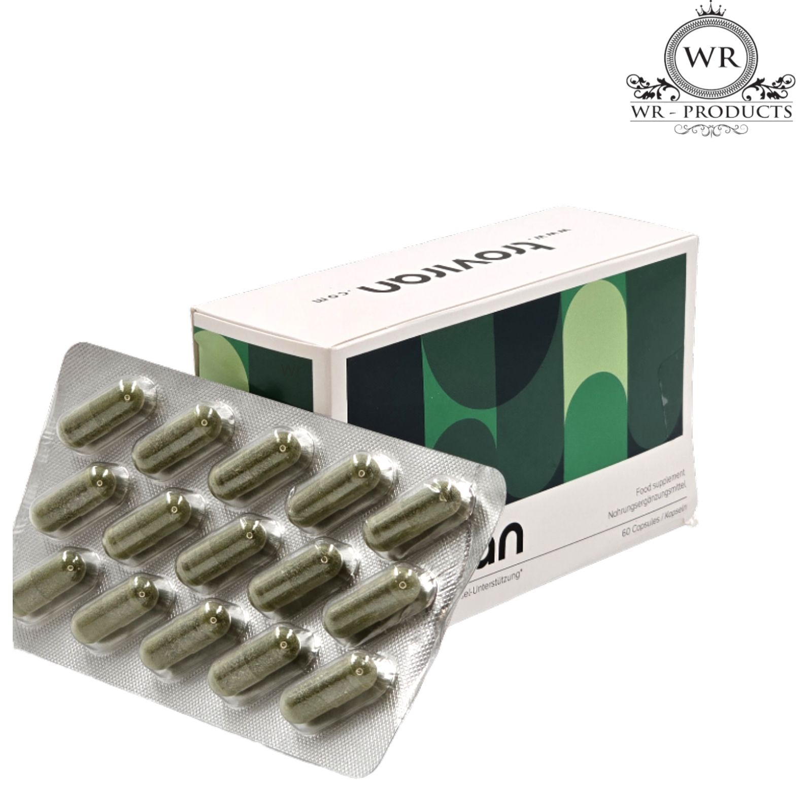 Blister di capsule accanto a una confezione. Sulla confezione c'è scritto "troviran". Logo: WR-PRODUCTS.