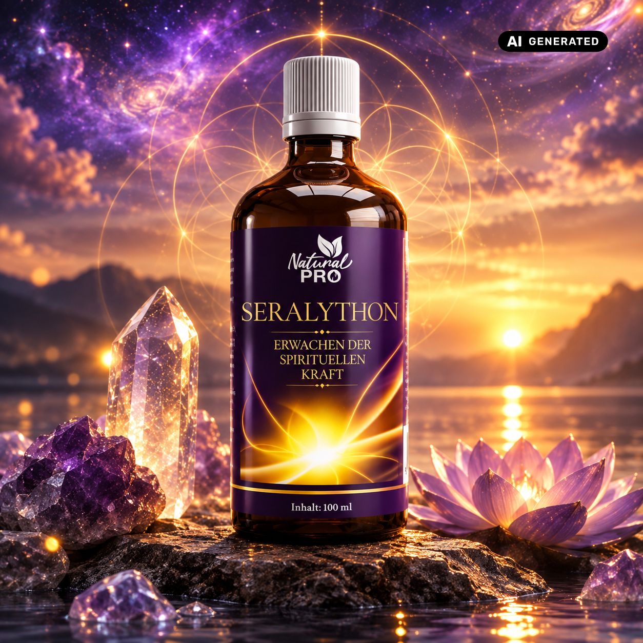 Flacone in vetro marrone con etichetta viola "Natural PRO SERALYTHON" su una roccia. Sfondo cosmico e naturale.