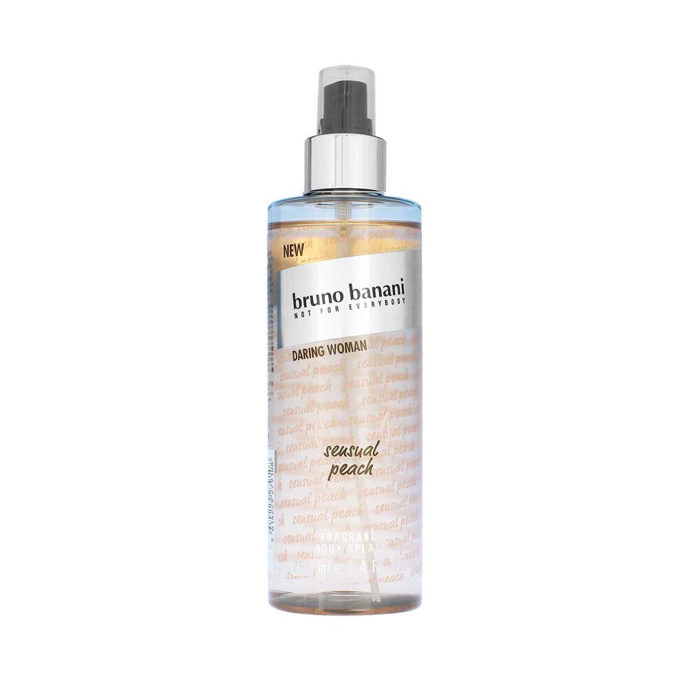 Spray corpo trasparente. Scritta: bruno banani Daring Woman Sensual Peach. Tappo argento. Etichetta beige.