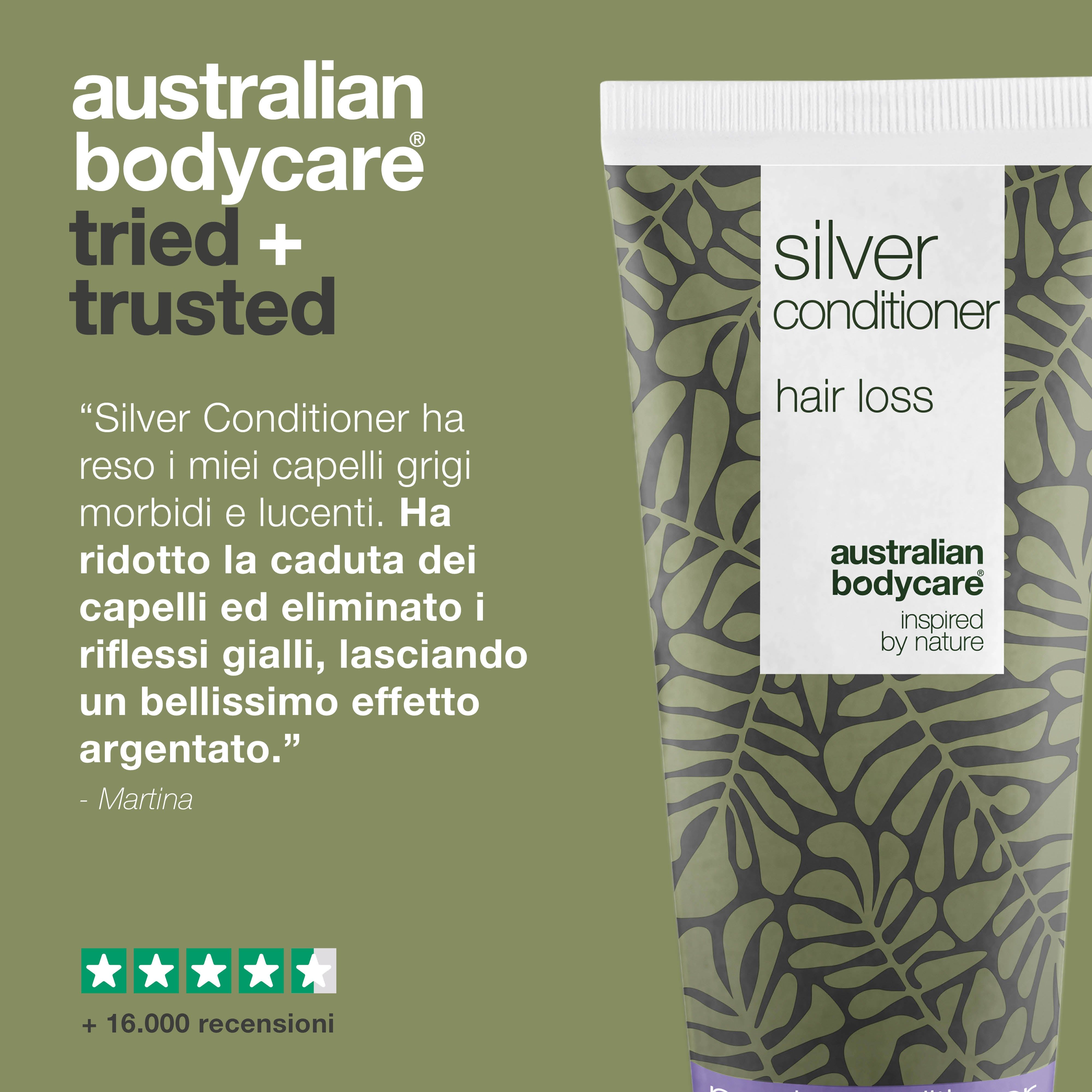 Tubo di balsamo. Testo: Silver Conditioner, caduta dei capelli. Marchio: Australian Bodycare. Testo: Provato + affidabile.