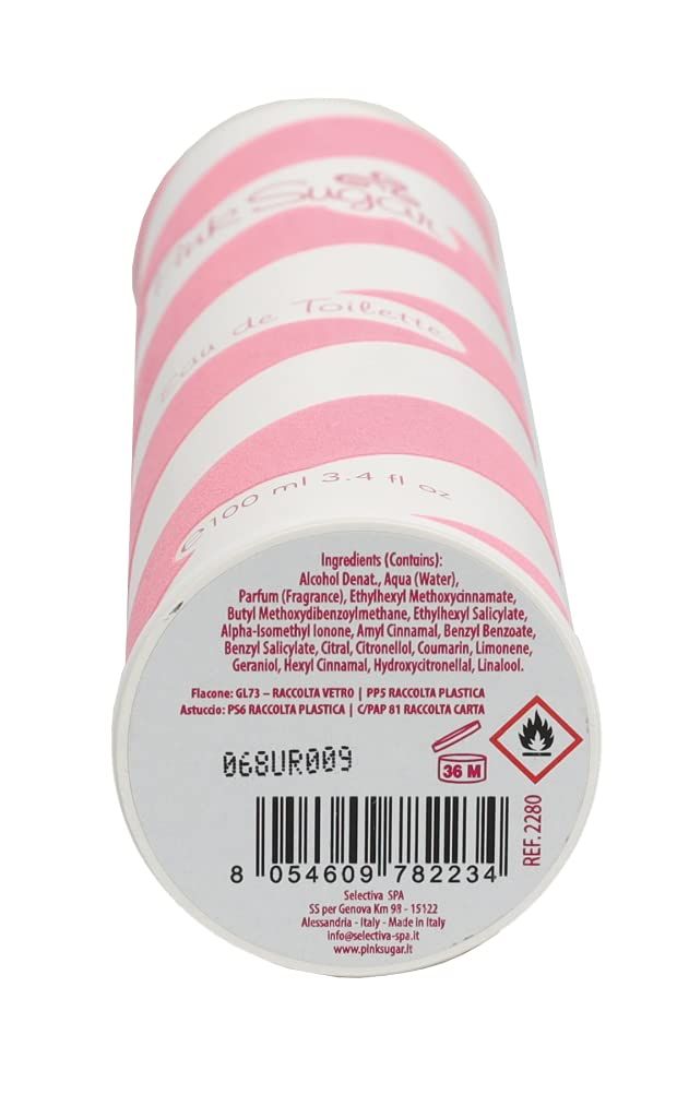 Confezione cilindrica. Strisce rosa e bianche. Scritta: Pink Sugar Eau de Toilette. Elenco ingredienti.