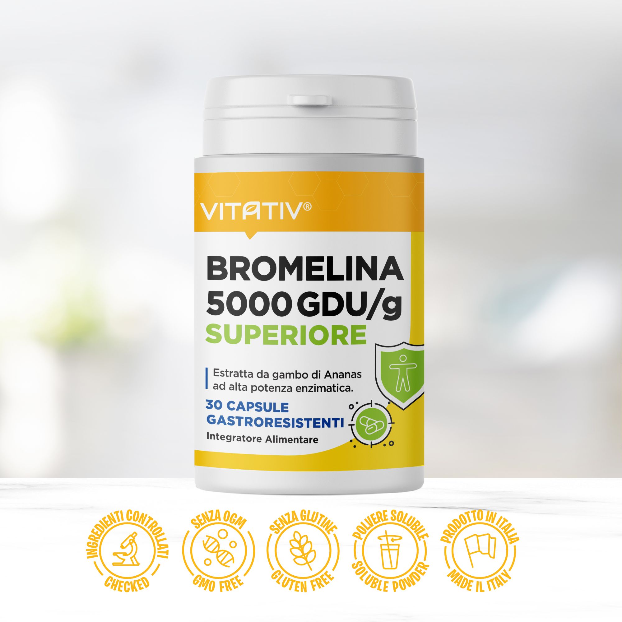 Vitativ® Bromelina 5000 GDU/g Superiore 30 Capsule Gastroresistenti | Drenante Forte Gambe Stanche
