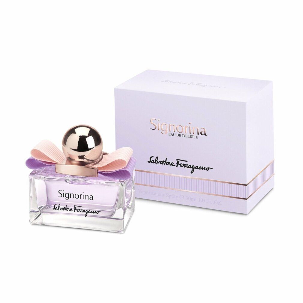 Flacone Signorina Eau de Toilette con confezione. Liquido rosa, tappo dorato, fiocco. Marchio e nome visibili.