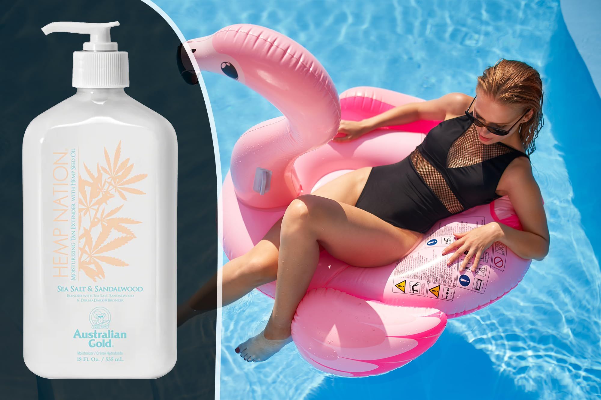 Flacone bianco con dosatore. Scritta: Sea Salt & Sandalwood. Logo: Australian Gold. Donna su gonfiabile a forma di fenicottero in piscina.