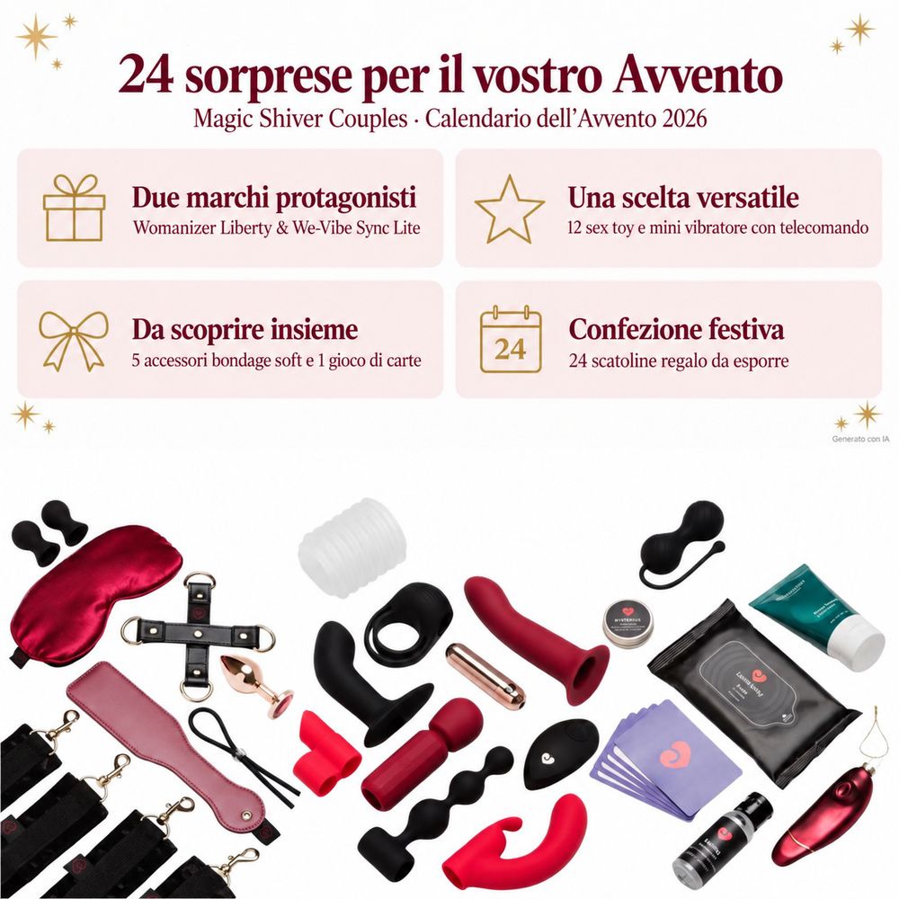 Un calendario di 24 sorprese per coppie, riempito con vari prodotti per il benessere e accessori.