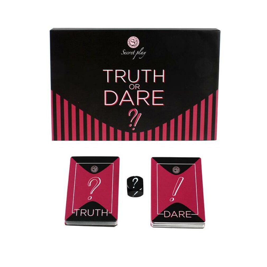 Scatola del gioco "Truth or Dare" con carte e dado. Carte con punti interrogativi ed esclamativi. Elementi neri e rosa.