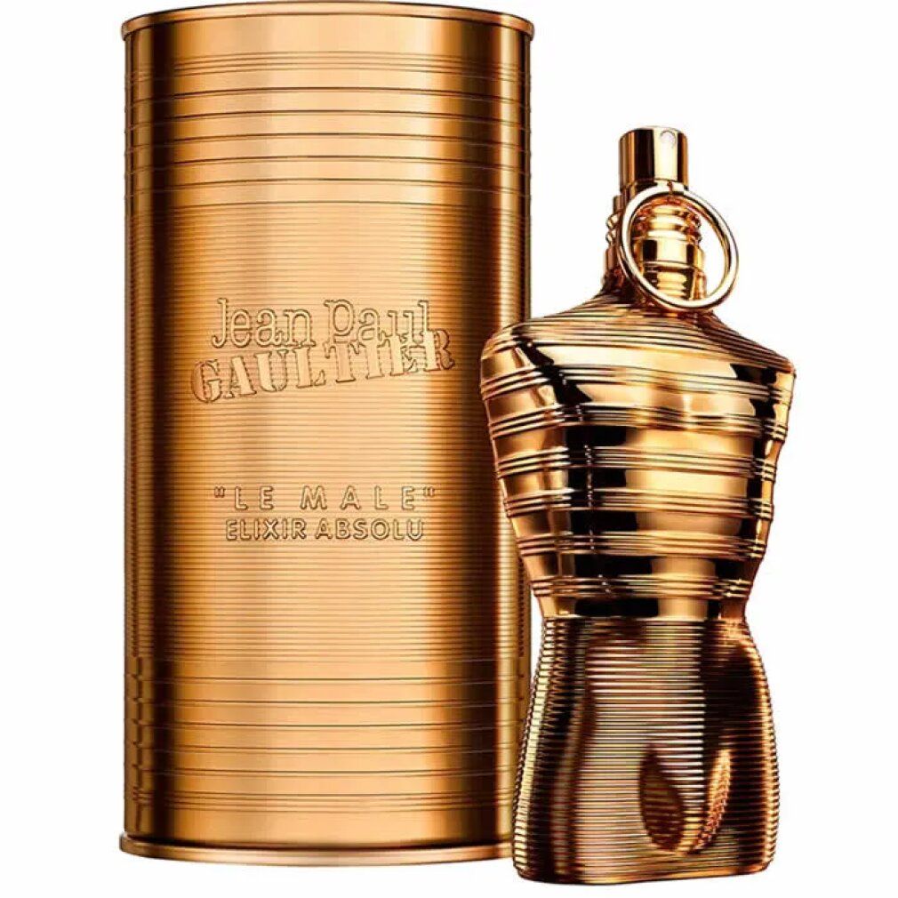 Flacone dorato a forma di torso e confezione cilindrica. Scritta: Jean Paul Gaultier, Le Male Elixir Absolu.