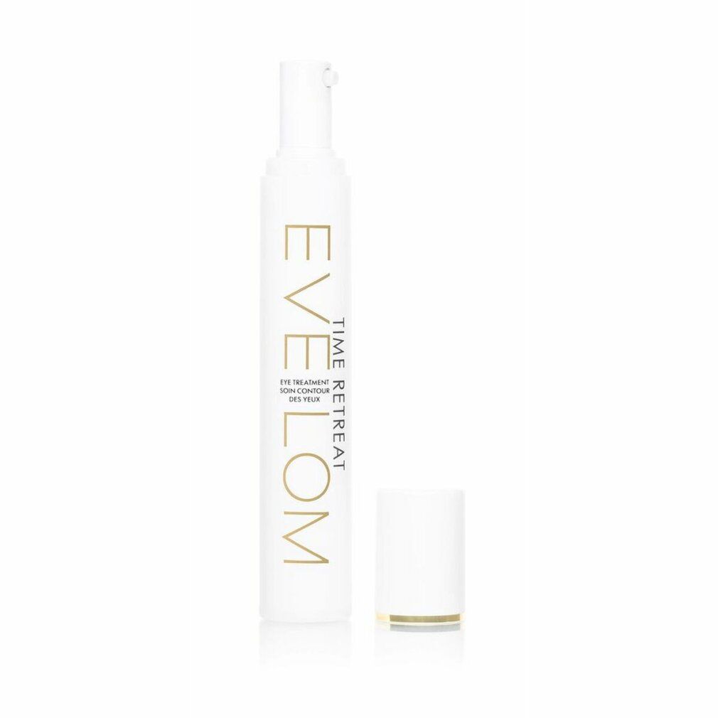 Flacone bianco con scritta dorata. Tappo accanto. Scritta: EVE LOM, TIME RETREAT, EYE TREATMENT.