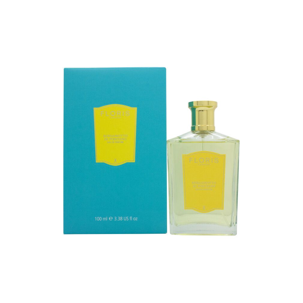 Scatola turchese e flacone. Sulla scatola e sul flacone, "FLORIS LONDON" e "Bergamotto di Positano".