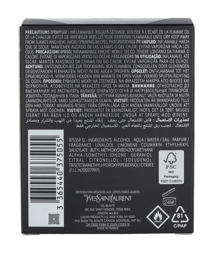 Retro della confezione nera. Testo multilingue. Ingredienti e avvertenze. Logo: YSL. Certificazione FSC.