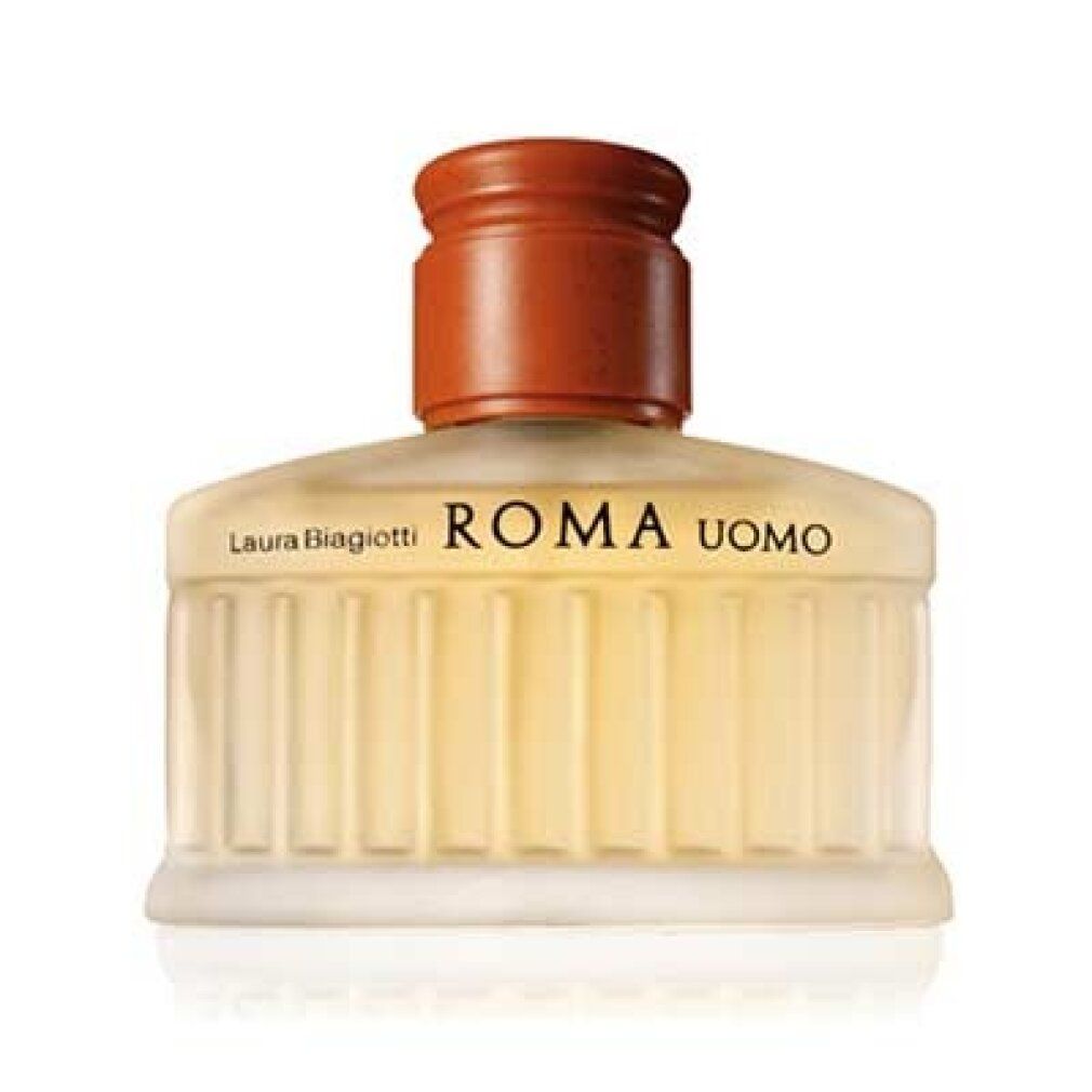 Flacone Laura Biagiotti Roma Uomo Eau de Toilette con tappo marrone.