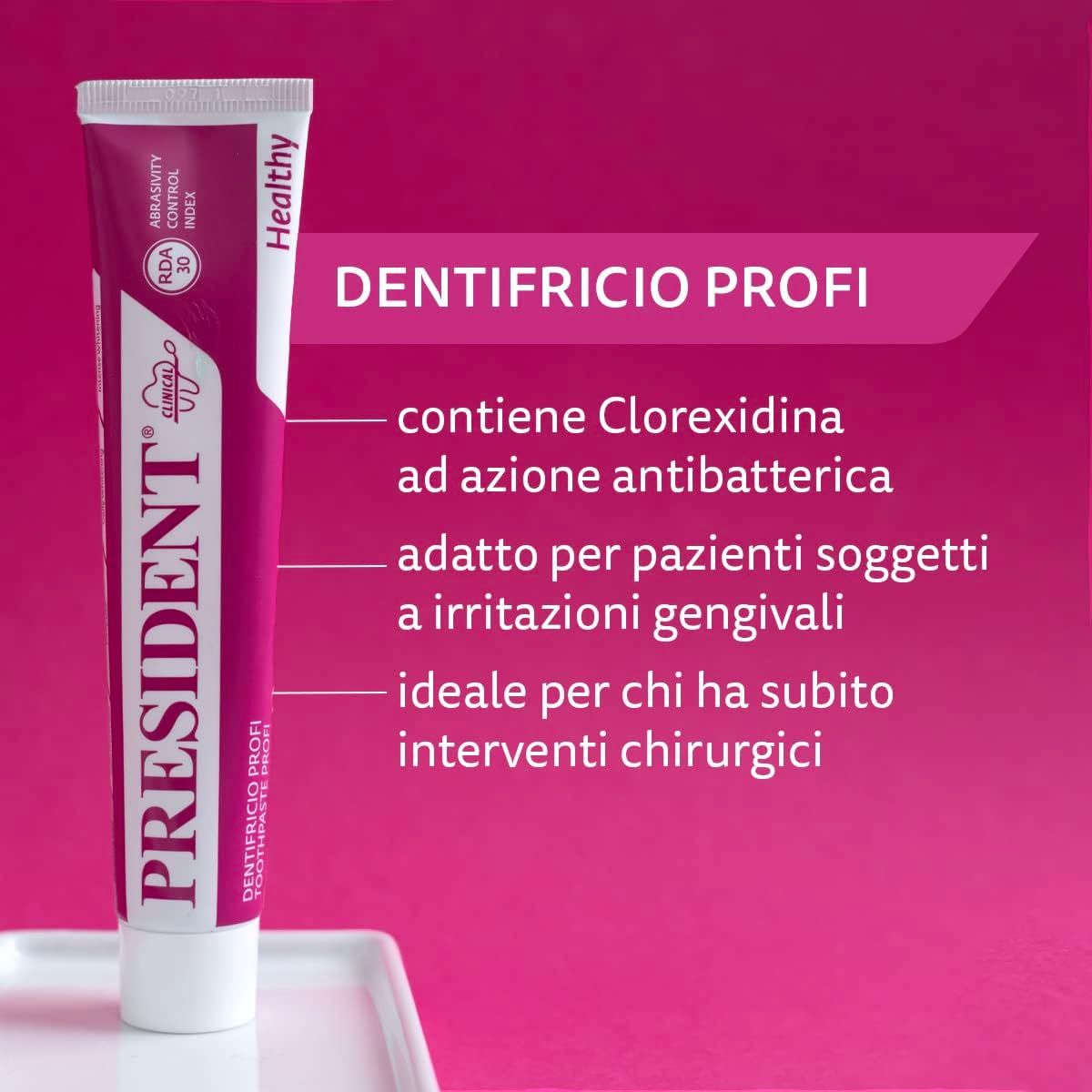 Tubo di dentifricio. Marchio PRESIDENT, rosa e bianco. RDA 30. Testo: Contiene clorexidina, azione antibatterica. Per gengive sensibili.