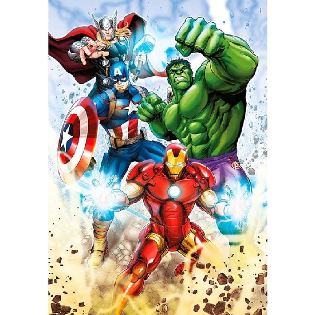 Puzzle con i personaggi degli Avengers: Thor, Capitan America, Hulk e Iron Man. Sfondo blu e bianco.