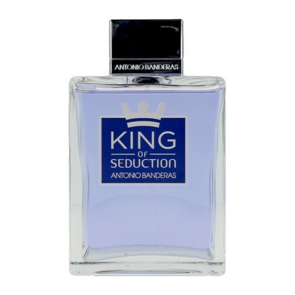 Flacone quadrato con scritta: King of Seduction, Antonio Banderas. Tappo nero.