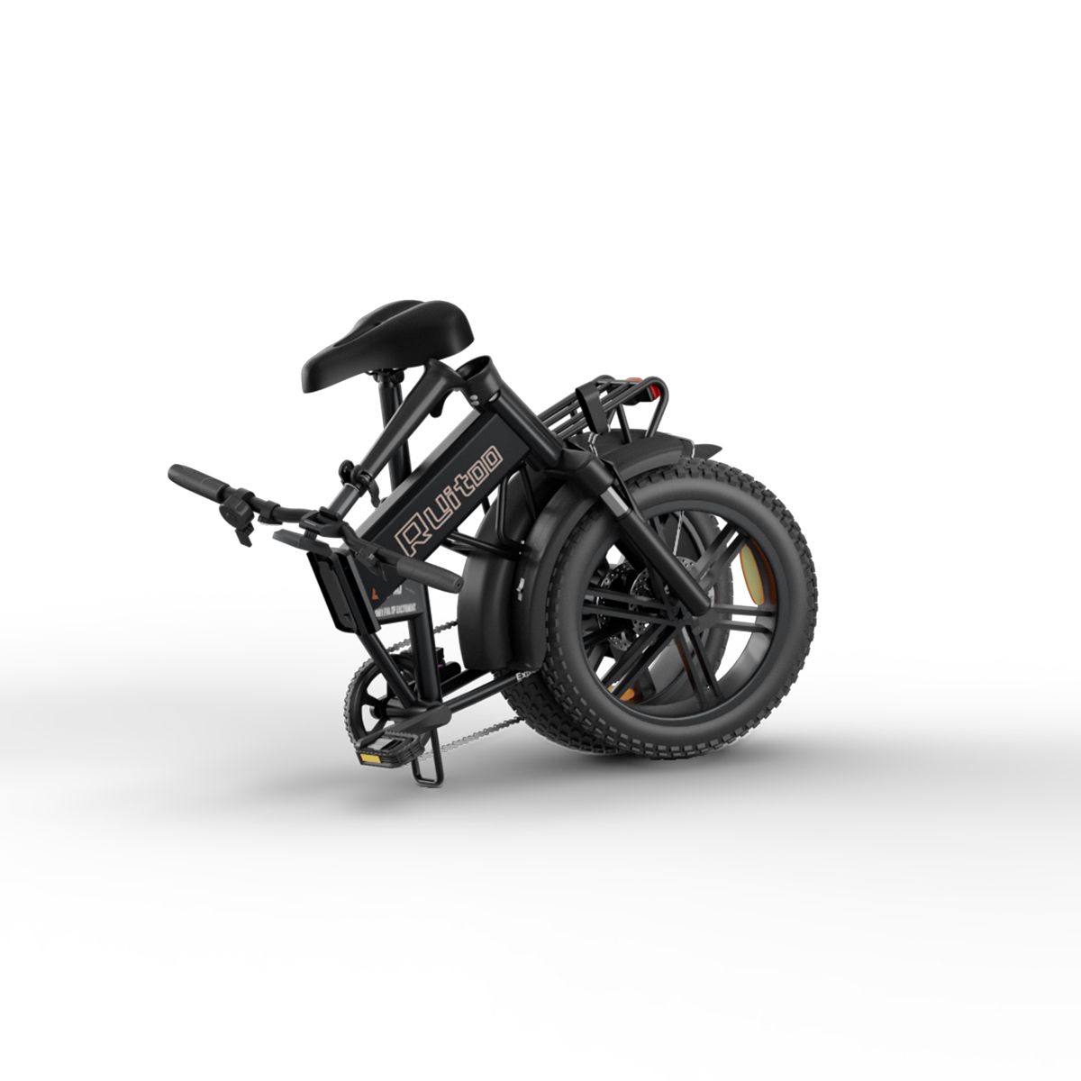 Bicicletta pieghevole nera piegata. Pneumatici, sella e manubrio neri. La bici ha la scritta "Ruitoo".