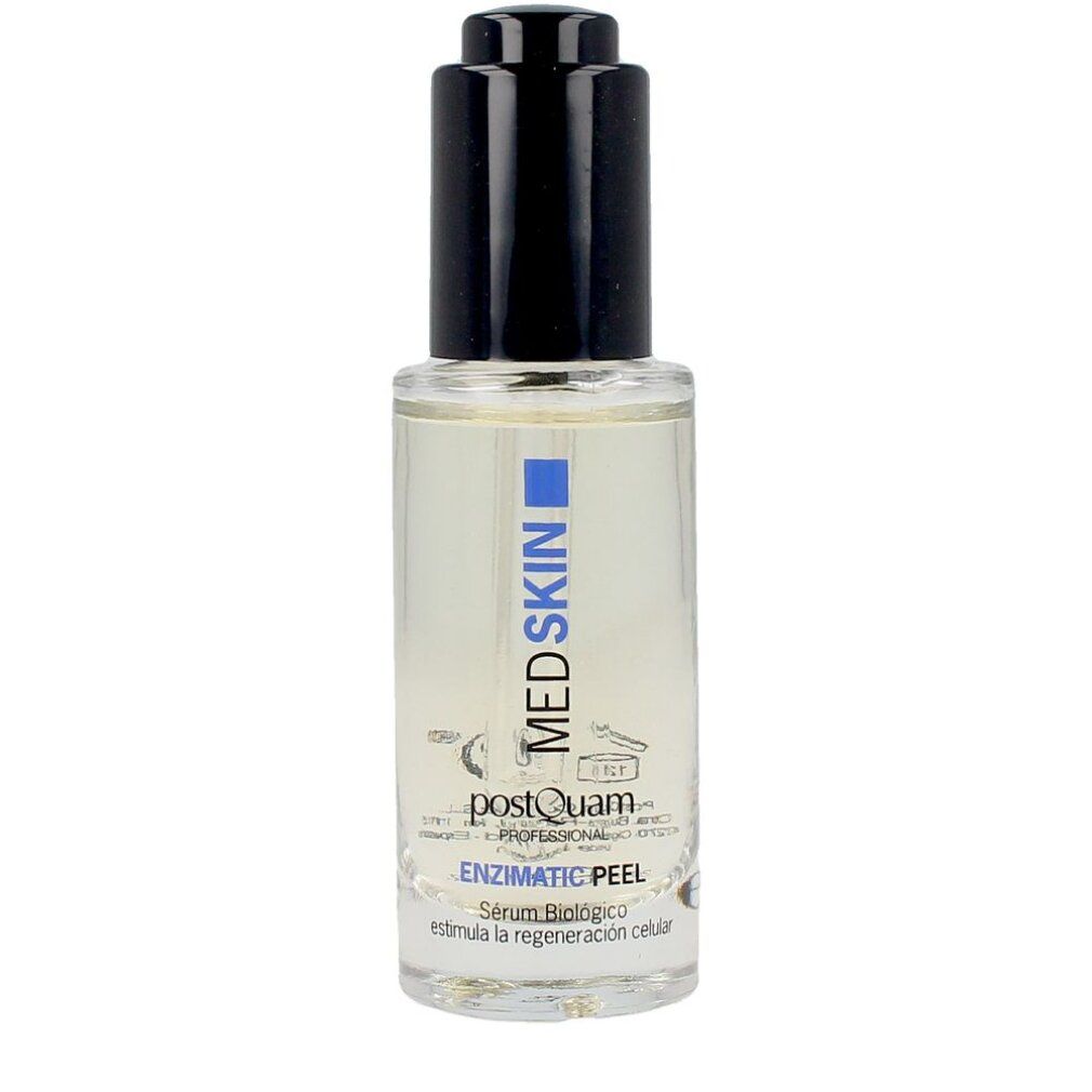 Flacone di siero con tappo nero e pipetta. Scritta: MEDSKIN, ENZIMATIC PEEL. Liquido trasparente visibile.