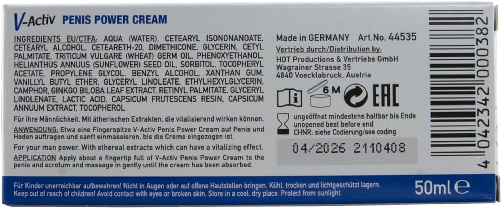 Scatola V-Activ Penis Power Cream, lato frontale con simbolo maschile.