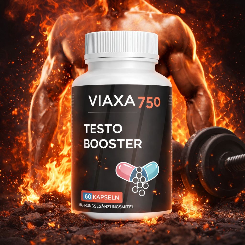 Contenitore di capsule Viaxa 750 Testo Booster da 60 capsule, circondato da fiamme e manubrio.