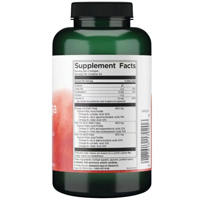 Retro del flacone verde. Mostra le informazioni nutrizionali. Contiene informazioni sugli acidi grassi omega-3, -6 e -9. 120 softgel.