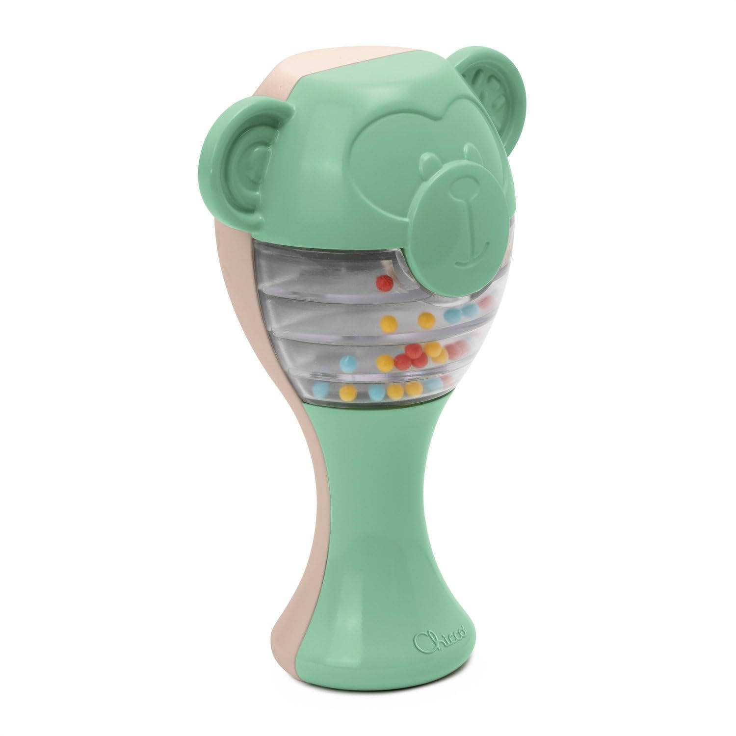 Sonaglio scimmia verde e beige con parte centrale trasparente e palline colorate. Logo Chicco in basso.