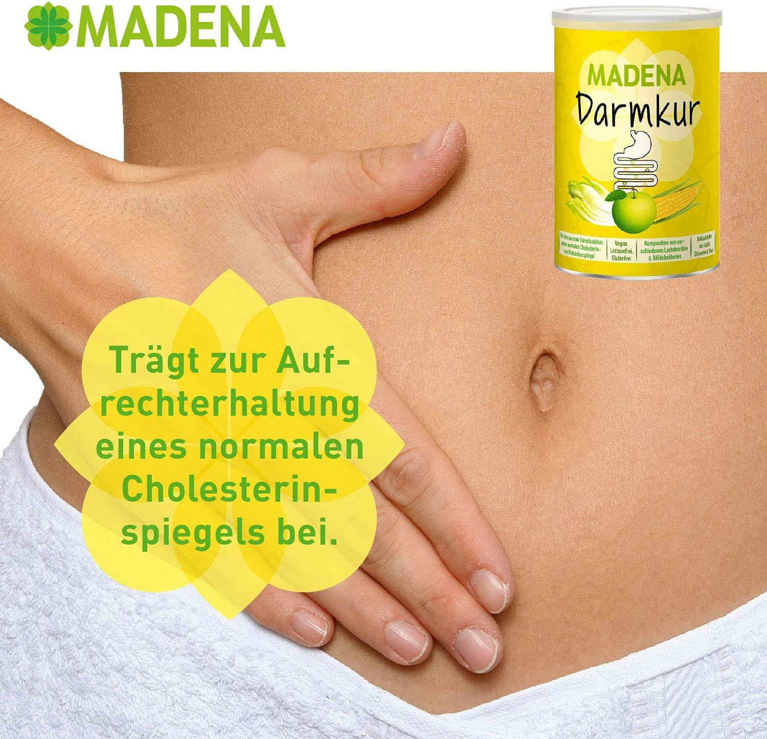 Donna tiene barattolo MADENA Darmkur davanti alla pancia. Testo giallo: Contribuisce al mantenimento di un normale livello di colesterolo.
