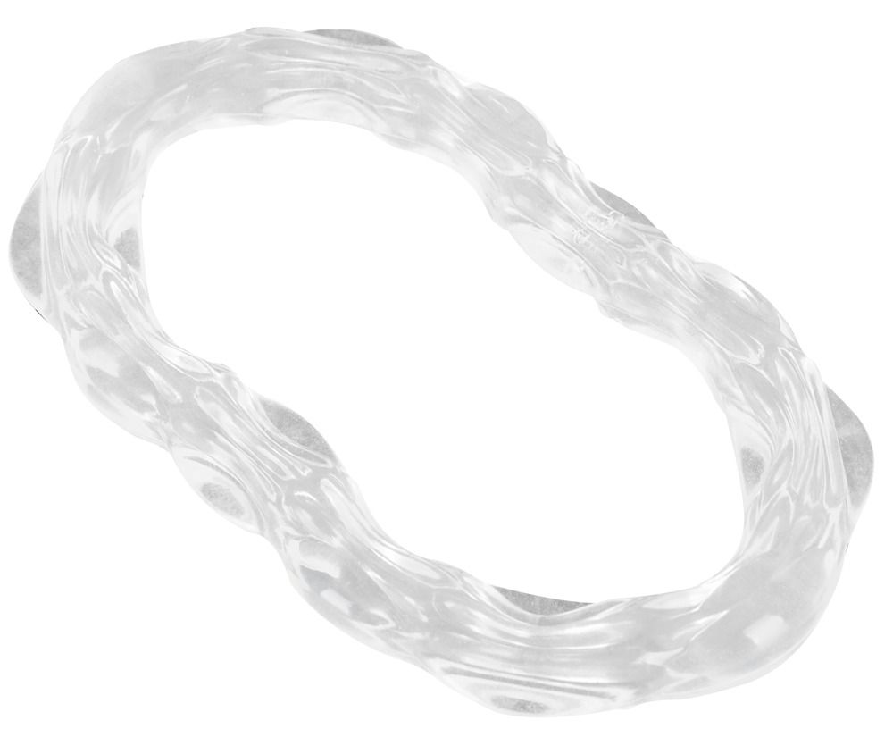 Anello per pene trasparente con impugnatura strutturata. Forma curva.