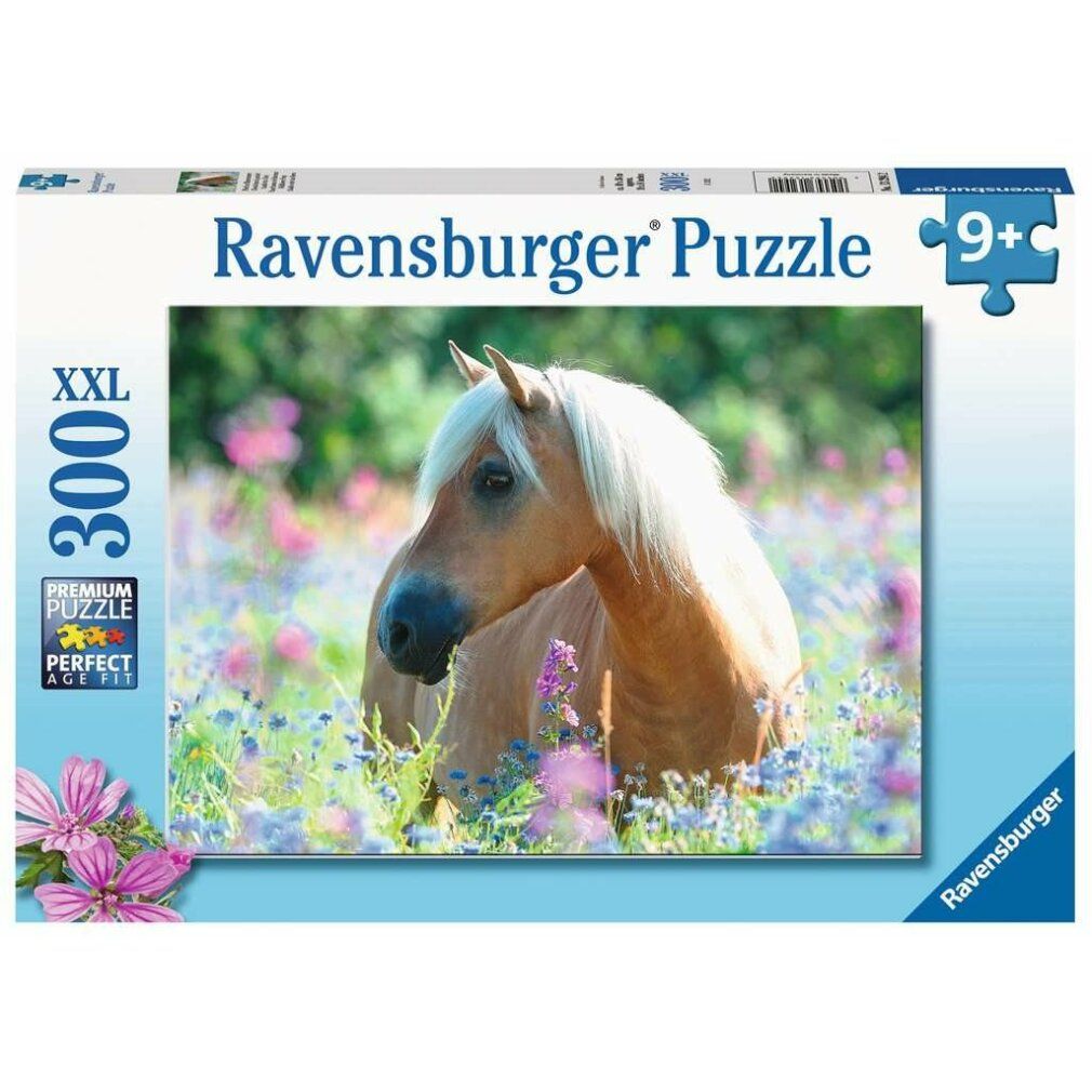 Puzzle cavallo, 300 pezzi, XXL. Confezione con immagine di cavallo in un prato fiorito. Logo Ravensburger e raccomandazione d'età 9+.