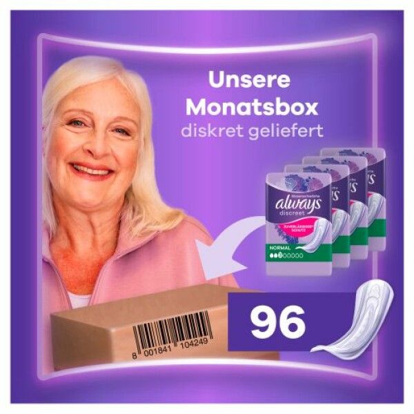 Donna con scatola. Confezione mensile Always Discreet. 96 pezzi. Immagine e informazioni.