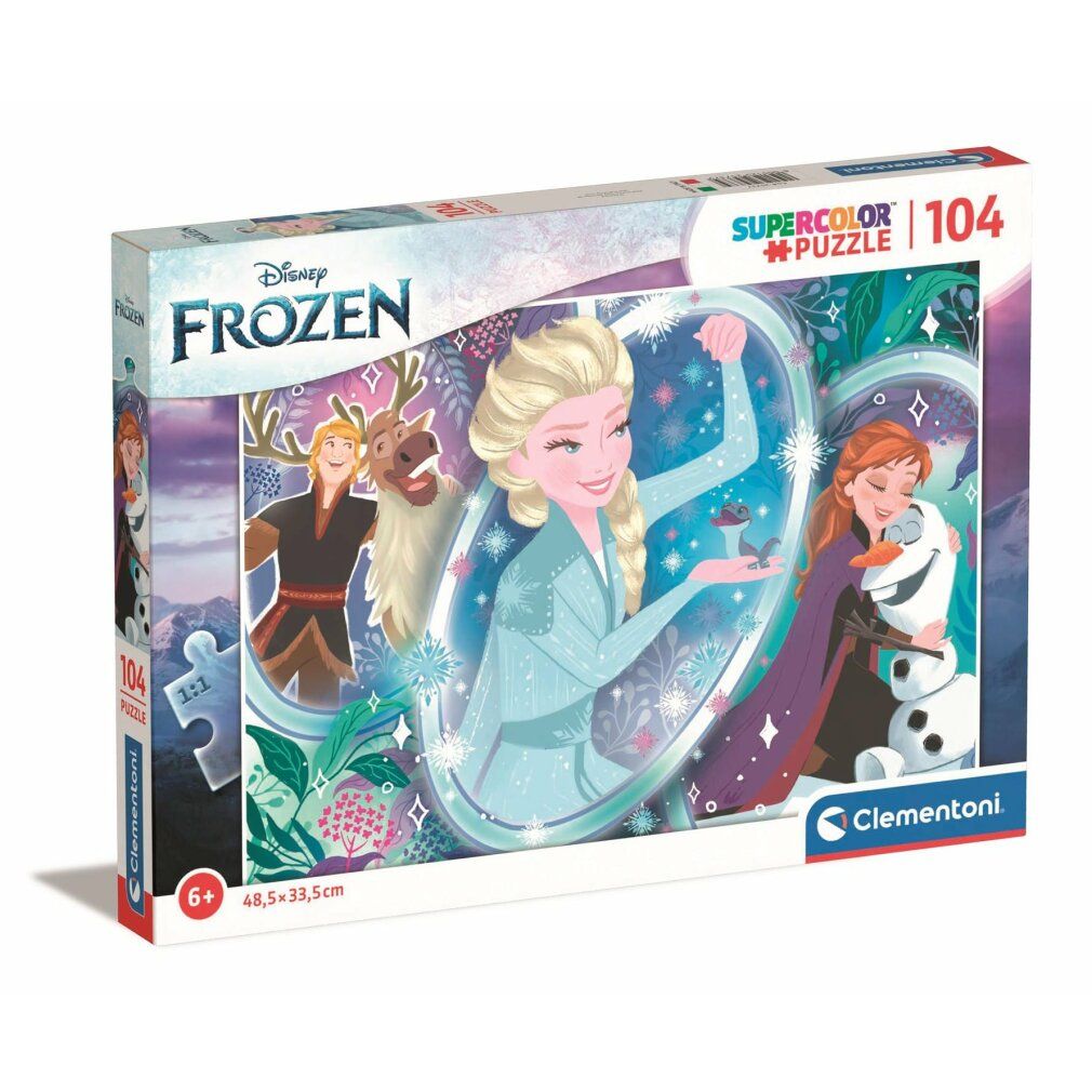 Scatola puzzle Disney Frozen. Contiene 104 pezzi. Stampa: Elsa, Anna, Olaf, Kristoff e Sven. Marchio: Clementoni. Dai 6 anni.