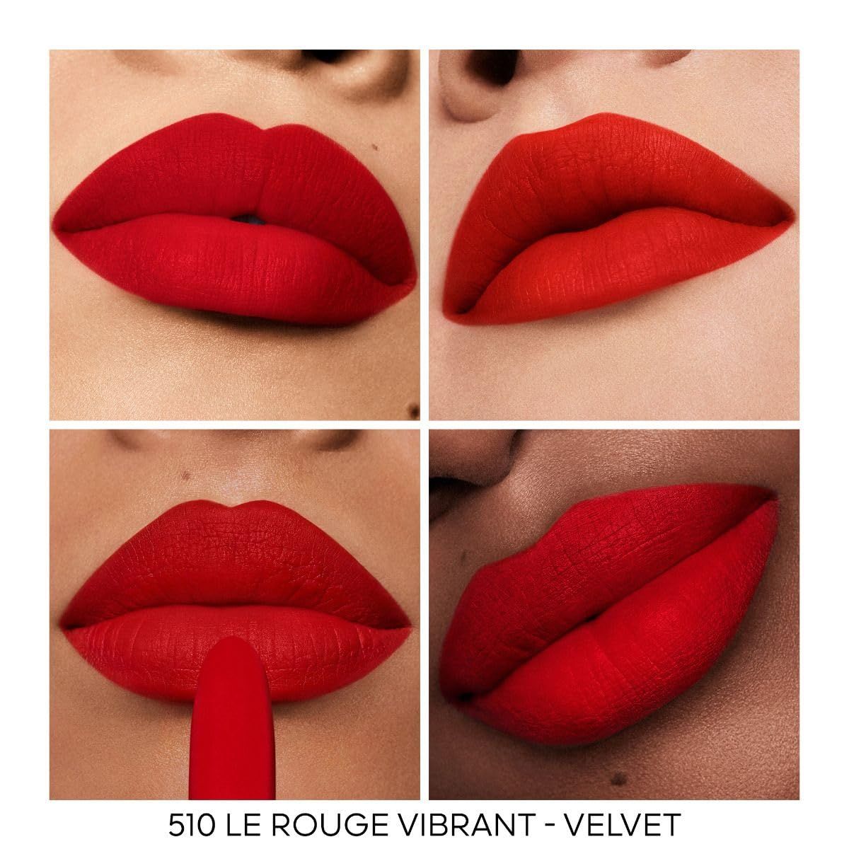 Quattro labbra con rossetto rosso. Testo: 510 Le Rouge Vibrant - Velvet.